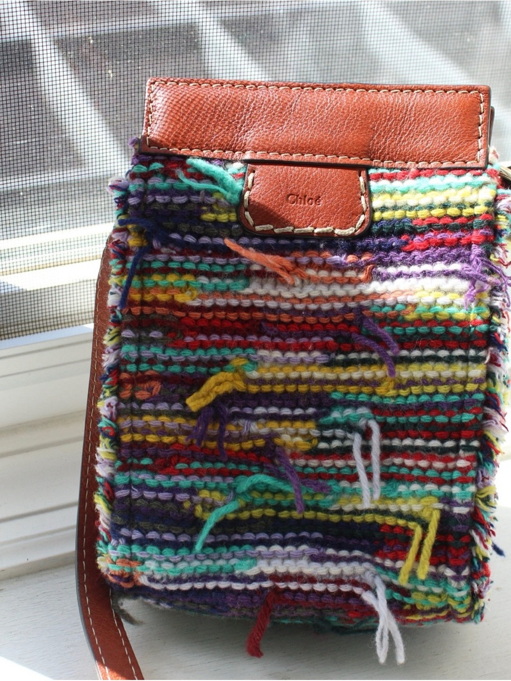 Chloé Multicolor Woven Crossbody with Brown Leather Flap